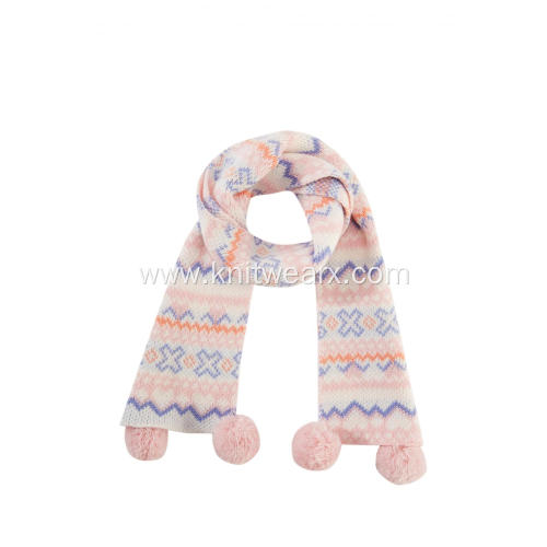 Girl's Knitted Jacquard PomPom Ends Christmas Scarf